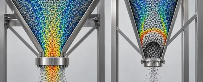 DEM comparison of powder flow in two hopper geometries, showing smooth discharge and arching