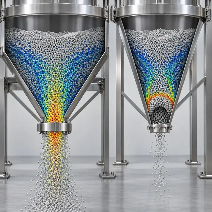 DEM comparison of powder flow in two hopper geometries, showing smooth discharge and arching