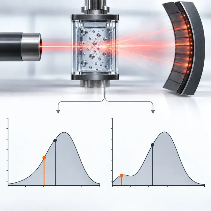 Laser diffraction scattering measurement and two calculated particle size distributions, illustrating greater D10 sensitivity than D50