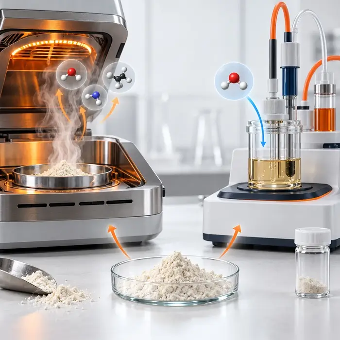 Laboratory comparison of loss on drying and Karl Fischer titration, showing total volatile mass loss versus selective water determination in a powder sample.