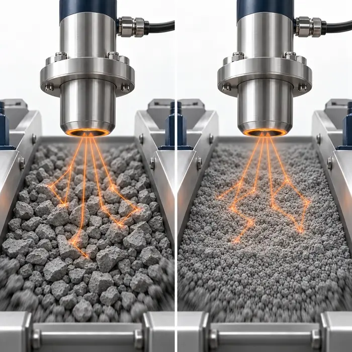 nir-moisture-particle-size-light-scattering Side-by-side NIR moisture measurement of coarse and fine powders, illustrating how particle size changes diffuse light scattering.