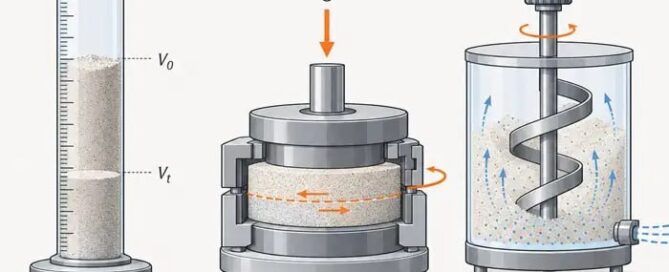 Diagram comparing Hausner ratio, shear cell, and dynamic flow energy methods used in PBF powder flowability testing
