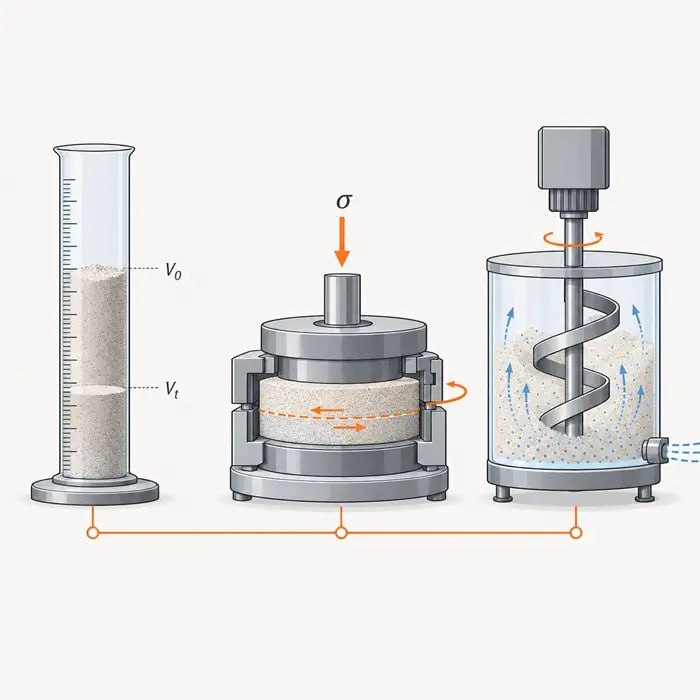 Diagram comparing Hausner ratio, shear cell, and dynamic flow energy methods used in PBF powder flowability testing
