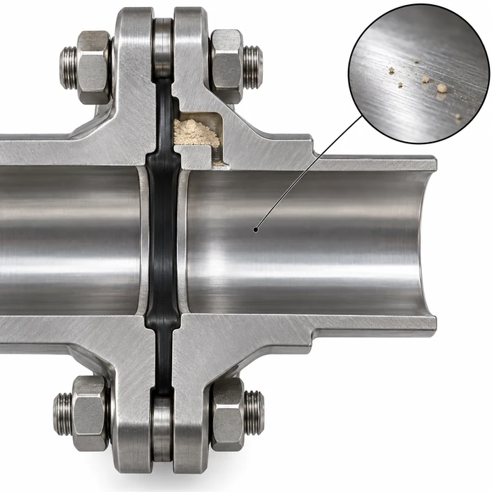 Two Ways Powder Remains After Cleaning Cutaway illustration of a powder-transfer connection showing a visibly clean exposed steel bore, one powder pocket in a recessed gasket groove with an open route to the bore, and a separate magnified inset of sparse particles attached to exposed steel.