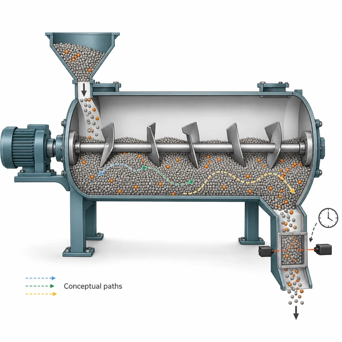 Following a tracer through a continuous powder blender Conceptual cutaway of a continuous powder blender showing tracer entry, varied particle paths, and time-resolved outlet detection.