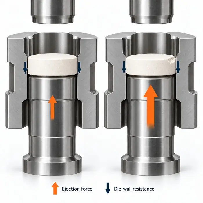 Side-by-side cross-section of tablet ejection tooling showing lower and higher ejection forces, opposing die-wall friction, and localized tablet-edge chipping.