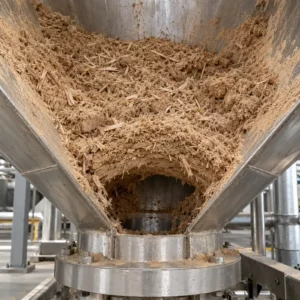 Wood powder bridging above the outlet of a stainless-steel hopper