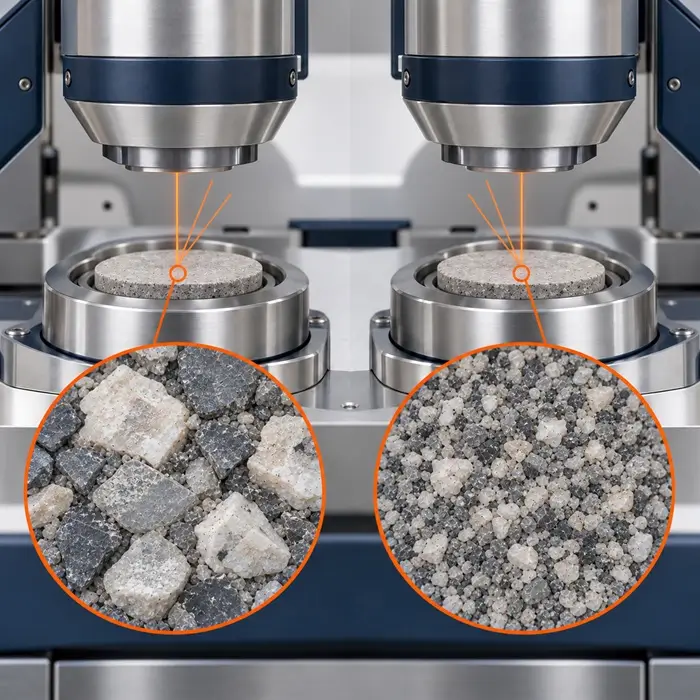 xrf-particle-size-effects-pressed-powder-pellets Side-by-side XRF analysis of pressed powder pellets with magnified views comparing coarse and fine mineral grains.
